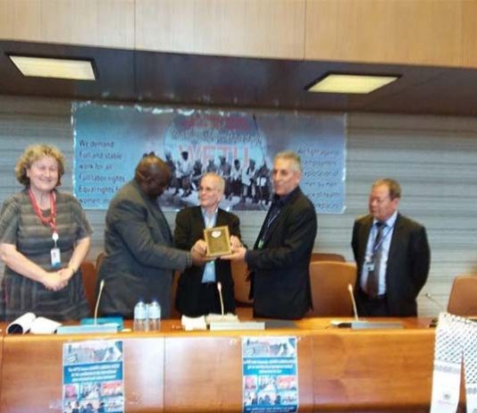 Geneva: The WFTU Presidential Council and friends meeting honored Ramon Cardona
