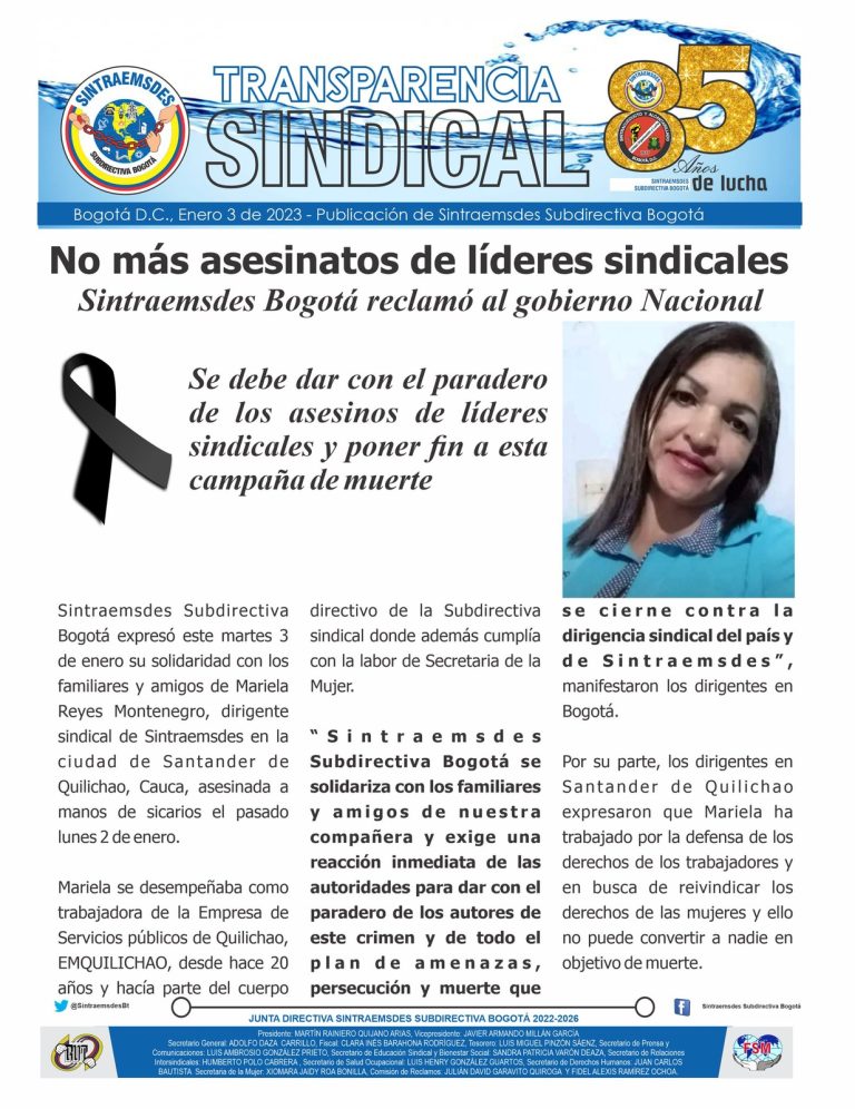 Colombia: Otro atroz asesinato de una dirigente sindical en Colombia