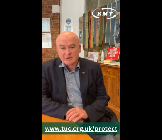 Video message from RMT General Secretary Mick Lynch about the TUC Emergency Protest to Protect the Right to Strike