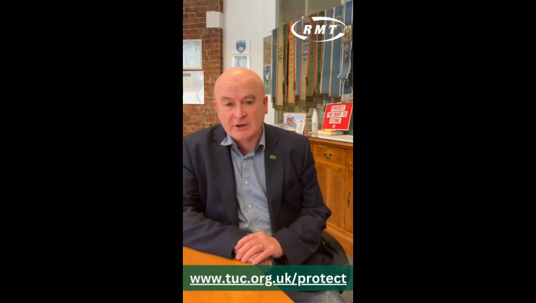 Video message from RMT General Secretary Mick Lynch about the TUC Emergency Protest to Protect the Right to Strike