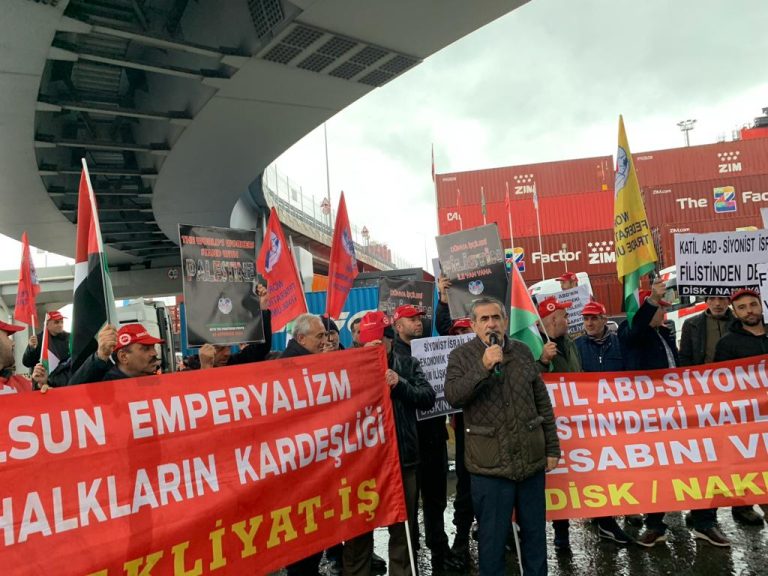 Nakliyat-İş organized an action in solidarity with Palestinian People at Ambarlı Port, Istanbul where material transportation to Israel continues. 