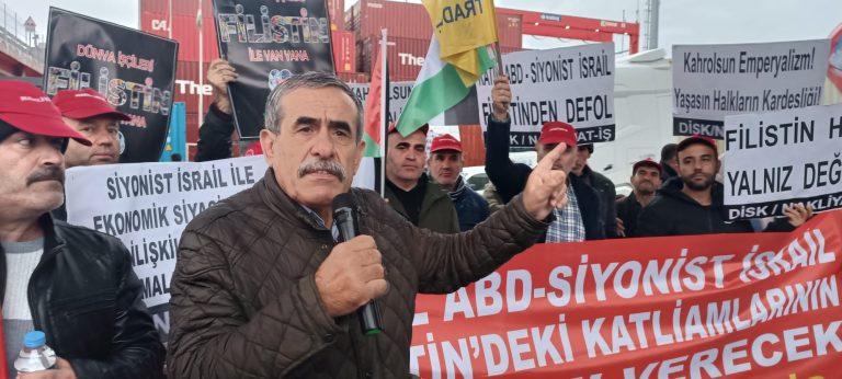 Nakliyat-İş organized an action in solidarity with Palestinian People at Ambarlı Port, Istanbul where material transportation to Israel continues. 