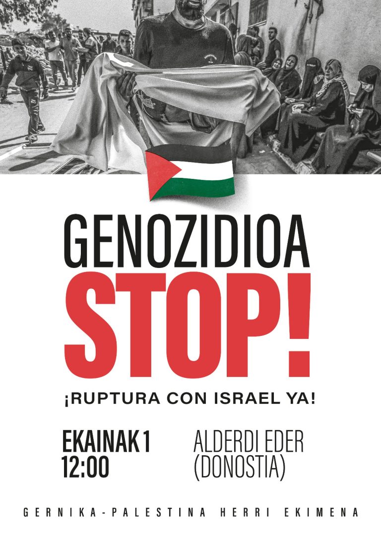 LAB calls to intensify pressure for breaking all ties with Israel and to mobilise on Sunday in Donostia