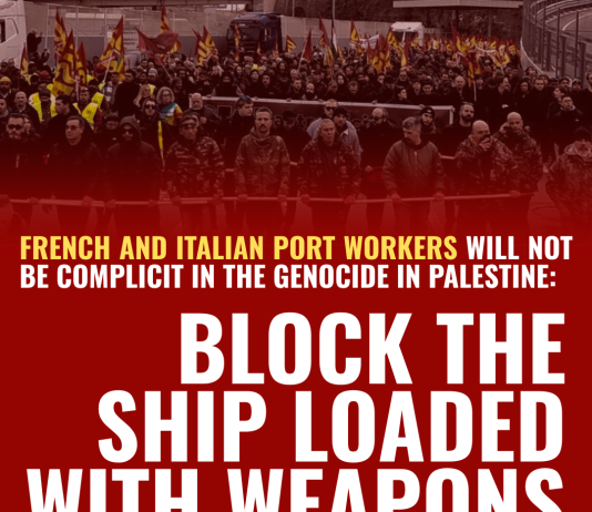 FRENCH AND ITALIAN PORT WORKERS WILL NOT BE COMPLICIT IN THE GENOCIDE IN PALESTINE: BLOCK THE SHIP LOADED WITH WEAPONS FOR ISRAEL!