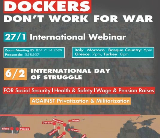 27 Gennaio, ore 18, Webinar internazionale: “I Portuali non lavorano per la guerra”. Verso la Giornata internazionale di azione congiunta dei porti del 6 febbraio
