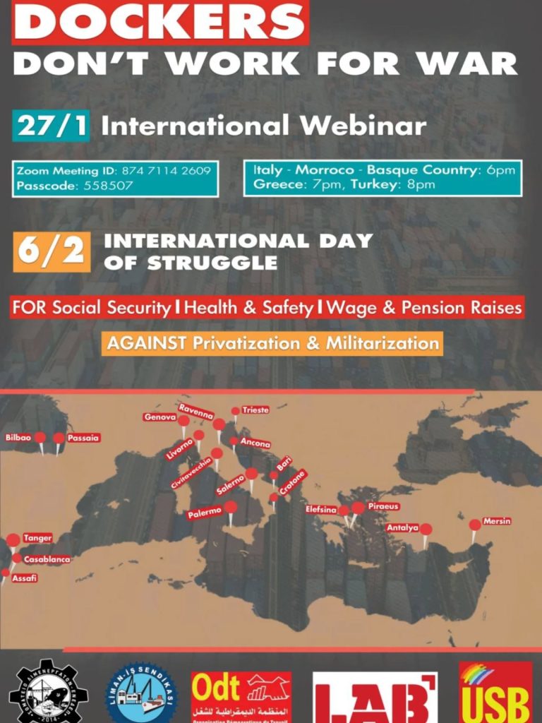 27 Gennaio, ore 18, Webinar internazionale: “I Portuali non lavorano per la guerra”. Verso la Giornata internazionale di azione congiunta dei porti del 6 febbraio