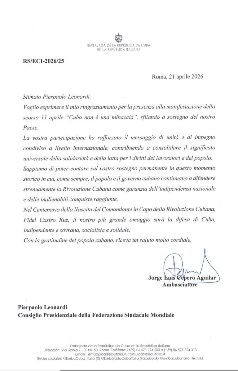 Solidarity from Cuba for the 11th April manifestation in Rome “Cuba is not a menace”