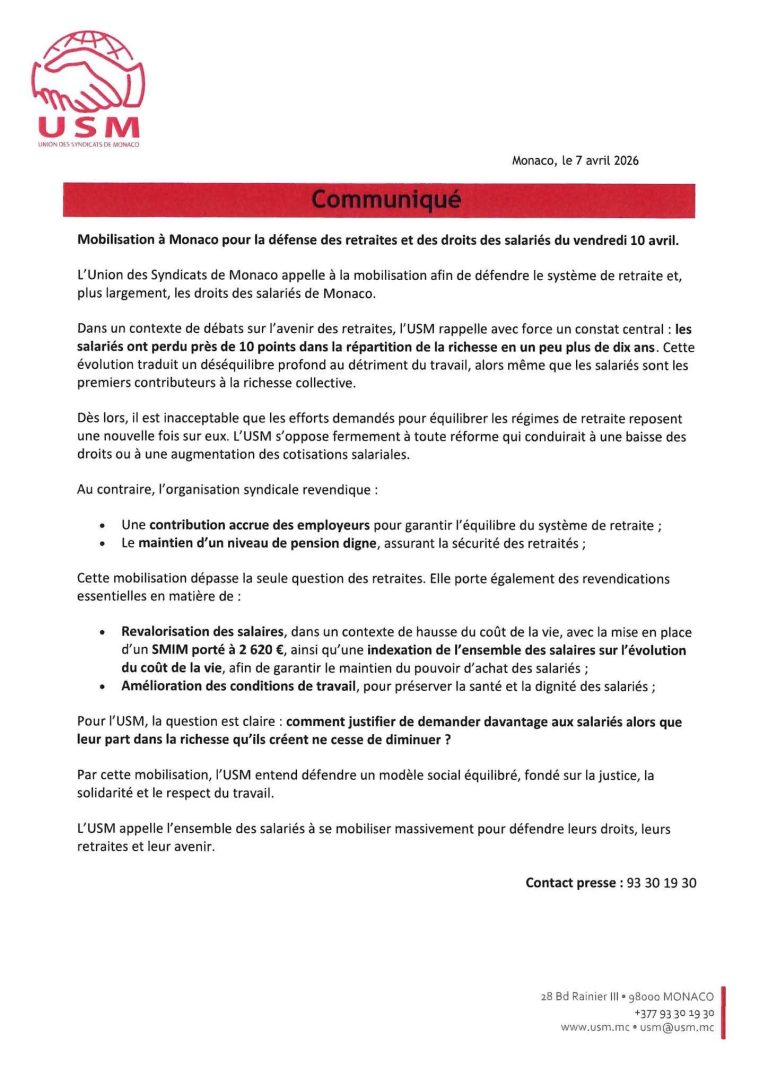 Communiqué de l’Union des Syndicats de Monaco