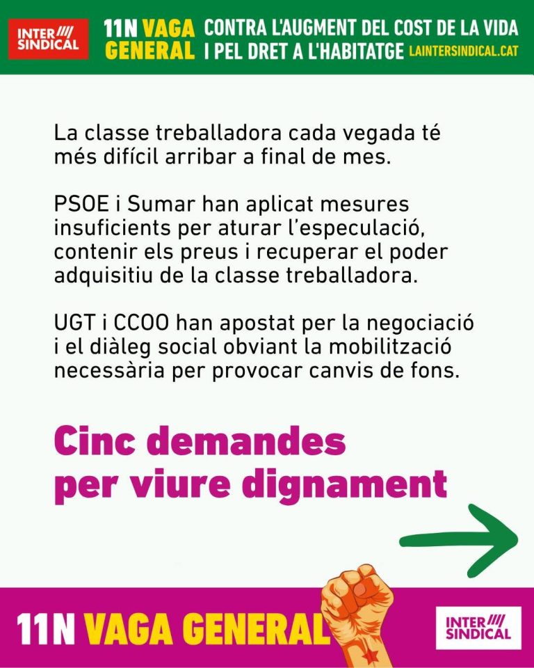 La Intersindical: 7th November general strike in Catalunya